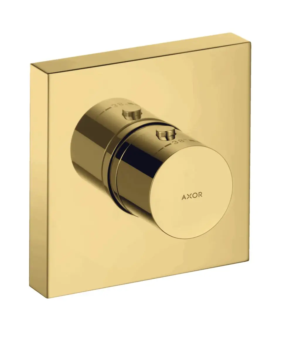 Thermostatmodul von AXOR in eckiger Ausführung mit glänzender goldener Oberfläche und Drehknopf zur Temperatureinstellung.